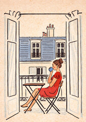 Fototapeta premium Woman drinking coffee on a balcony overlooking the city, watercolor illustration