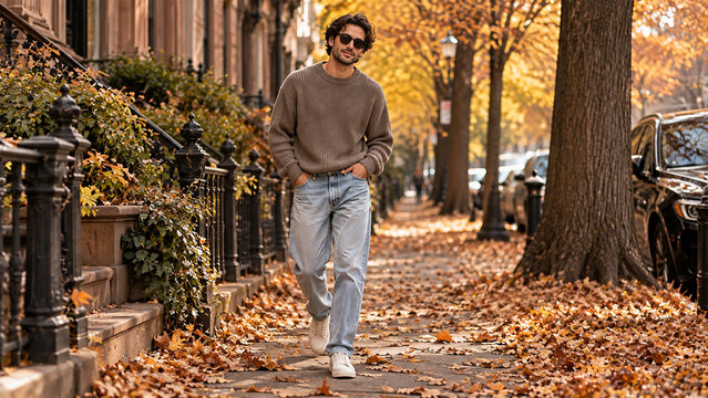 Stylish young man walking along a tree lined city street covered with colorful autumn leaves, casual fall fashion and warm golden hour lifestyle