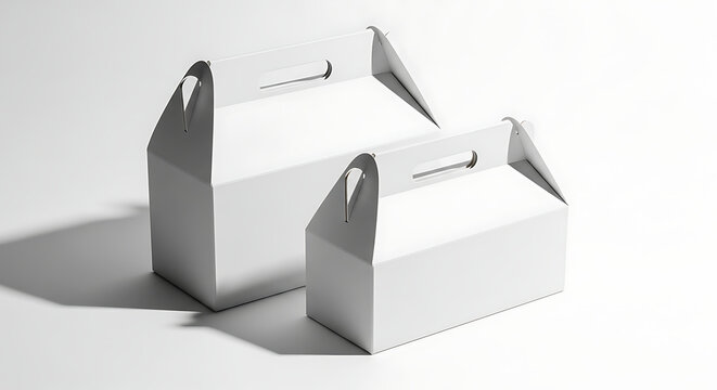 Two white paper gable boxes with handle mockup takeaway food boxes on white background, cardboard isolated on a transparent background