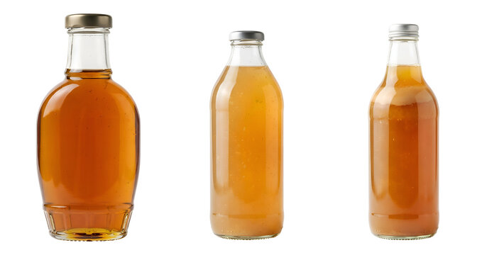 Three distinct glass bottles containing various golden organic fruit juices and syrups displayed neatly for commercial use with studio lighting isolation on transparent background