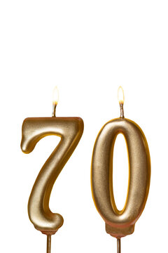 Candles on a transparent background, png. Anniversary 70. Seventy. Card banner with golden decorative candles. Mockup.