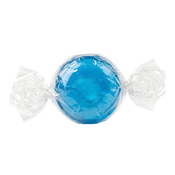 Top view of a single round blue hard candy wrapped in clear twisted cellophane packaging, isolated on a transparent background for easy placement in confectionery and sweet snack designs.