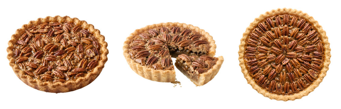 Three delicious traditional pecan pies featuring golden crusts and rich nutty fillings arranged in a row isolated as high quality food photography on transparent background