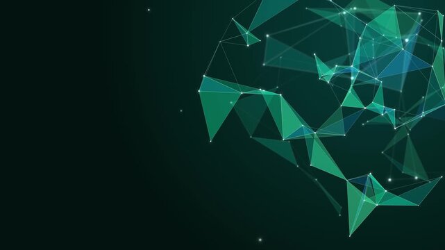 Teal and aqua plexus network in the corner of a black background. Low poly triangles linked by glowing nodes. Tech motion with copy space for text