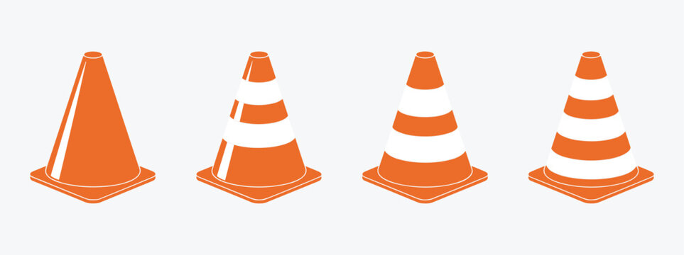 Traffic Cone Progression: A series of orange traffic cones, from a single plain cone to a more complex design with multiple reflective bands, illustrate a progression or variation in safety equipment.