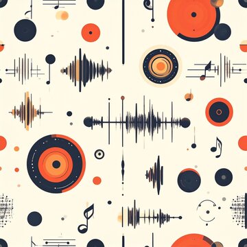Abstract vinyl record and sound waves composition seamless pattern design
