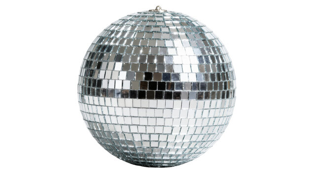 Shiny silver disco ball covered in small square mirrors, isolated on transparent background