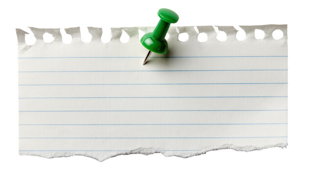 Green pushpin securing a torn lined paper note, isolated on transparent background