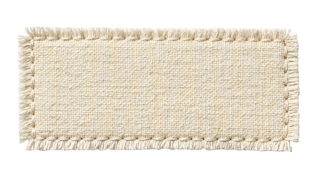 Rough textured beige burlap fabric patch with frayed edges, isolated on transparent background