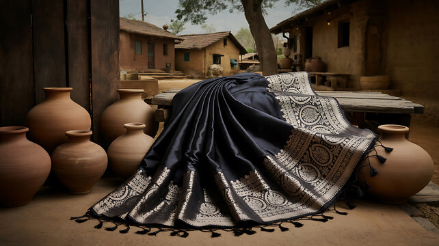 Traditional Indian Silk Saree display with ornate silver zari border, luxury silk saree draped near terracotta clay pots in rural village setting