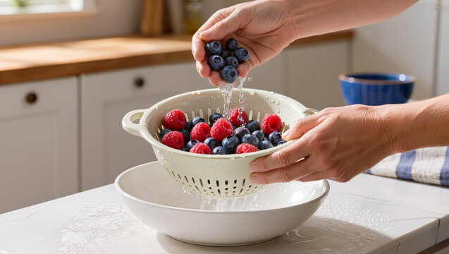 Adult hands rinse fresh blueberries and raspberries in a ceramic colander over a bowl, preparing colorful wet berries for freezing in a sunny kitchen