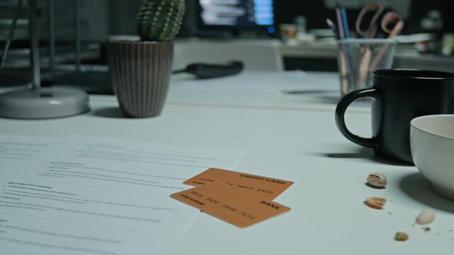 Credit cards lying on office desk with computer monitor displaying unauthorized transaction data. Perfect for cybersecurity warnings, identity theft explainers, and banking fraud documentaries