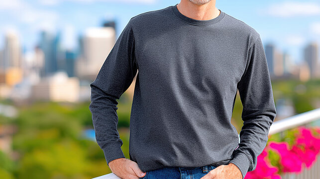 Male model wearing long sleeve dark grey t shirt mockup on urban balcony with blurred skyline and greenery background for apparel display and garment branding and menswear styling