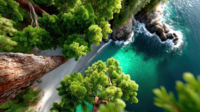 Aerial cliffside forest above turquoise ocean and rocky shoreline for coastal conservation campaigns and travel or rewilding story visuals