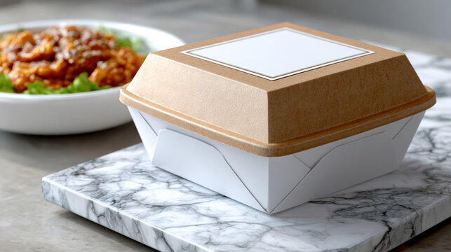 Kraft paper clamshell takeout packaging mockup displayed on marble board with blank label for restaurant branding, menu presentation, food delivery packaging design and catering order visuals
