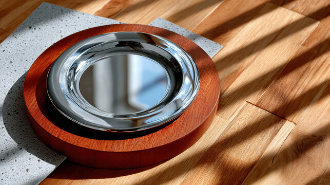 Minimal overhead view of a round metal award plaque on a wooden base with textured surfaces and sunlit shadows for corporate recognition display and product mockup scenes