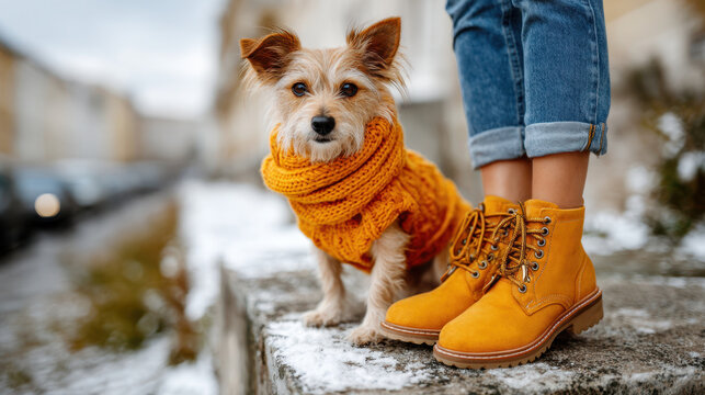 Tiny chihuahua puppy in knitted sweater on snowy sidewalk