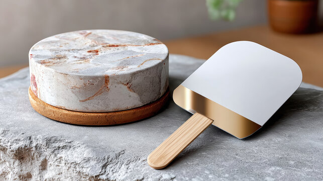 Marble cake display with blank gold-accented topper on stone slab for wedding dessert styling, custom cake branding, bakery presentation and elegant event table dressing