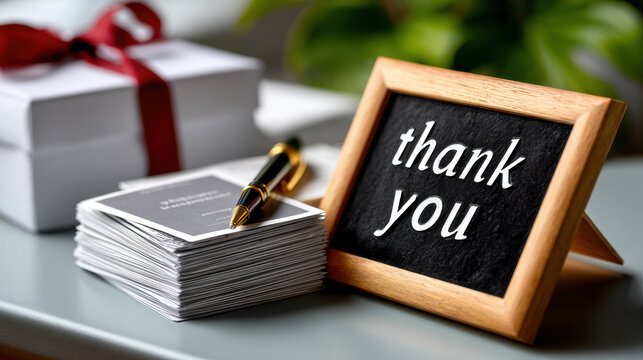 Small chalkboard with thank you message beside stacked note cards and fountain pen with wrapped gift in background for thank you stationery display