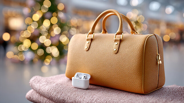 Tan leather duffel bag with wireless earbuds charging case on folded towel in an airport lounge with bokeh lights for luxury weekend travel packing