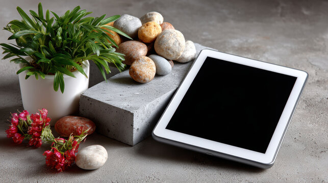 Tablet ebook mockup top view with plant, pebbles and flowers in a zen tabletop scene for ebook cover presentation, product landing pages, author portfolio and digital publishing showcases