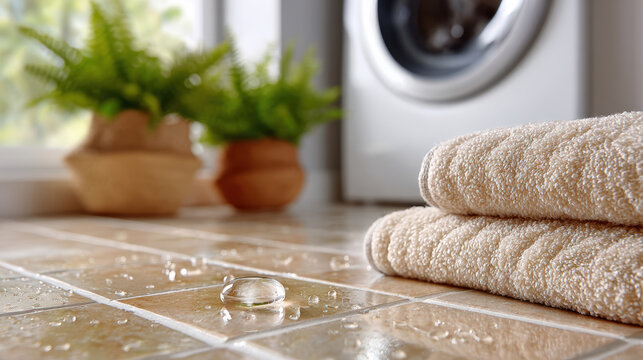 Laundry room water leak with wet towels and tiled floor for maintenance poster background and repair warning design