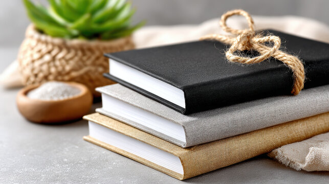 Stack of tied journals and linen notebooks with twine and succulent accent arranged for handmade stationery product mockup, gift presentation, branding and lifestyle display
