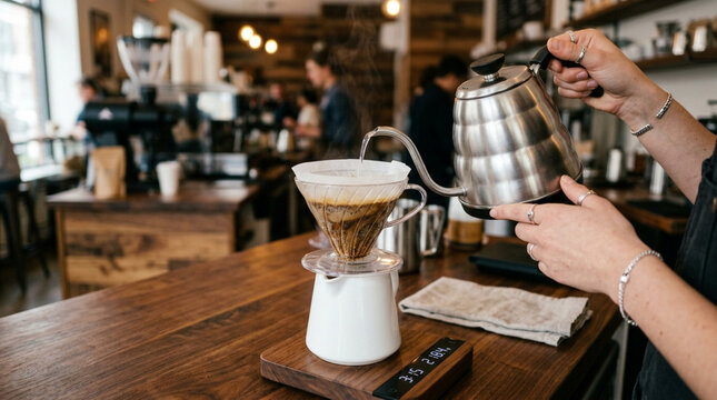 Barista preparing pour-over coffee at a trendy cafe, close-up