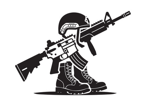 Veterans Day military rifle, tactical helmet and combat boots black silhouette vector