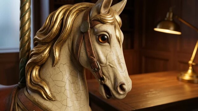 Close-up of a carousel horse gliding past smoothly