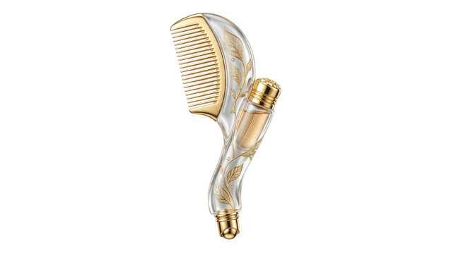 Luxury gold and glass hair comb, elegant clear crystal grooming accessory, ornate gold leaf hair tool isolated on white