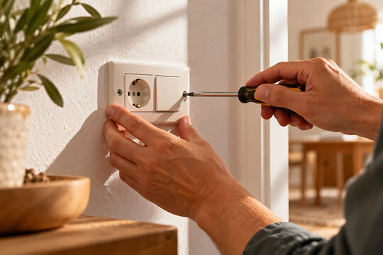 Person tightening loose electrical outlet plate with screwdriver at home