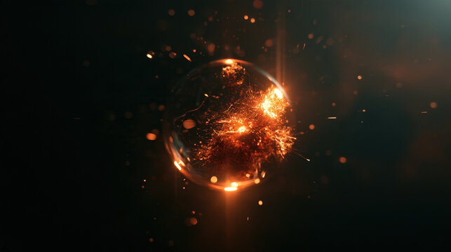 Burning fireball sphere glowing energy sparks dark background explosion asteroid meteor light beam dramatic sciencefiction concept