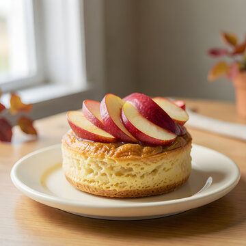 Apple pastry with sliced fruit on a cream plate