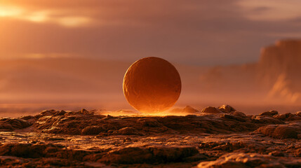 Fototapeta premium Floating glowing sphere desert alien planet landscape fog sunset dramatic sciencefiction concept mysterious dust orange atmosphere