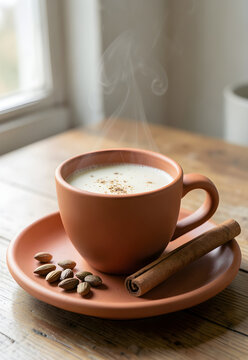 Masala chai in a plain terracotta cup