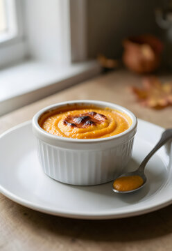 Pumpkin custard in a small ceramic ramekin