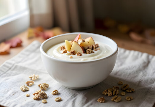 Apple cinnamon granola scattered on yogurt