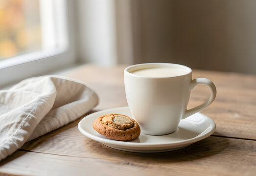 Warm milk beside a small cinnamon biscuit