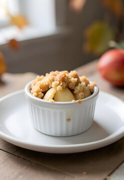Pear and ginger crumble in a ramekin