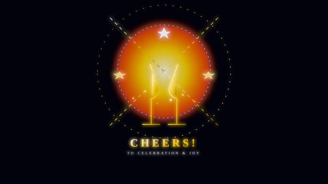 Abstract golden glowing line art animation of two champagne flutes clinking for a toast celebration on a solid black background, featuring minimalist sparkles for festive events.