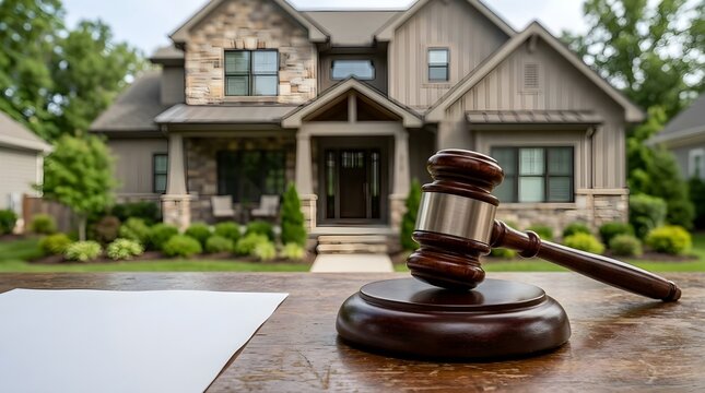 Foreclosure concept with a gavel in the foreground and a large suburban home blurred in the background on a cloudy day