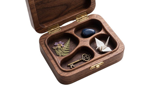Wooden trinket box with keepsakes, open wooden memory chest with compartments, small treasure box storage