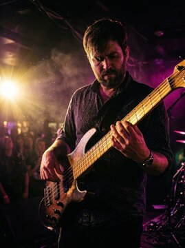 Professional Bass Guitarist Performing Live on Stage at a Dark Atmospheric Music Concert with Dramatic Lighting and Crowd