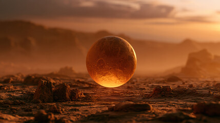 Fototapeta premium Floating glowing sphere desert alien planet landscape fog sunset dramatic sciencefiction concept mysterious dust orange atmosphere