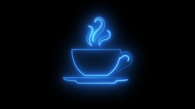 Glowing blue neon hot coffee cup icon symbol with steam line art for cafe and break time