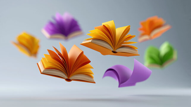 Flying orange and purple books for creative education literacy and digital publishing campaigns