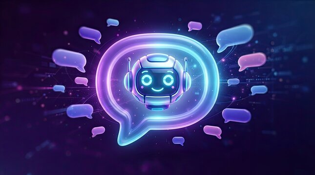 Neon glowing chatbot robot inside speech bubble with floating chat icons on dark blue background, AI assistant concept