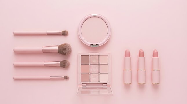 Pink makeup brushes, eyeshadow palette, compact powder and lipsticks flat lay on pastel pink background, beauty cosmetics concept