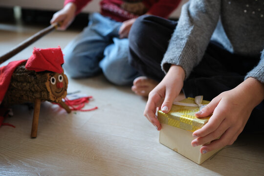 Children celebrating catalan ti&oacute; de nadal tradition